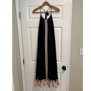 FLANNEL Australia Addie Embroidered Halter Maxi Dress Tassels Pleats Black S/M